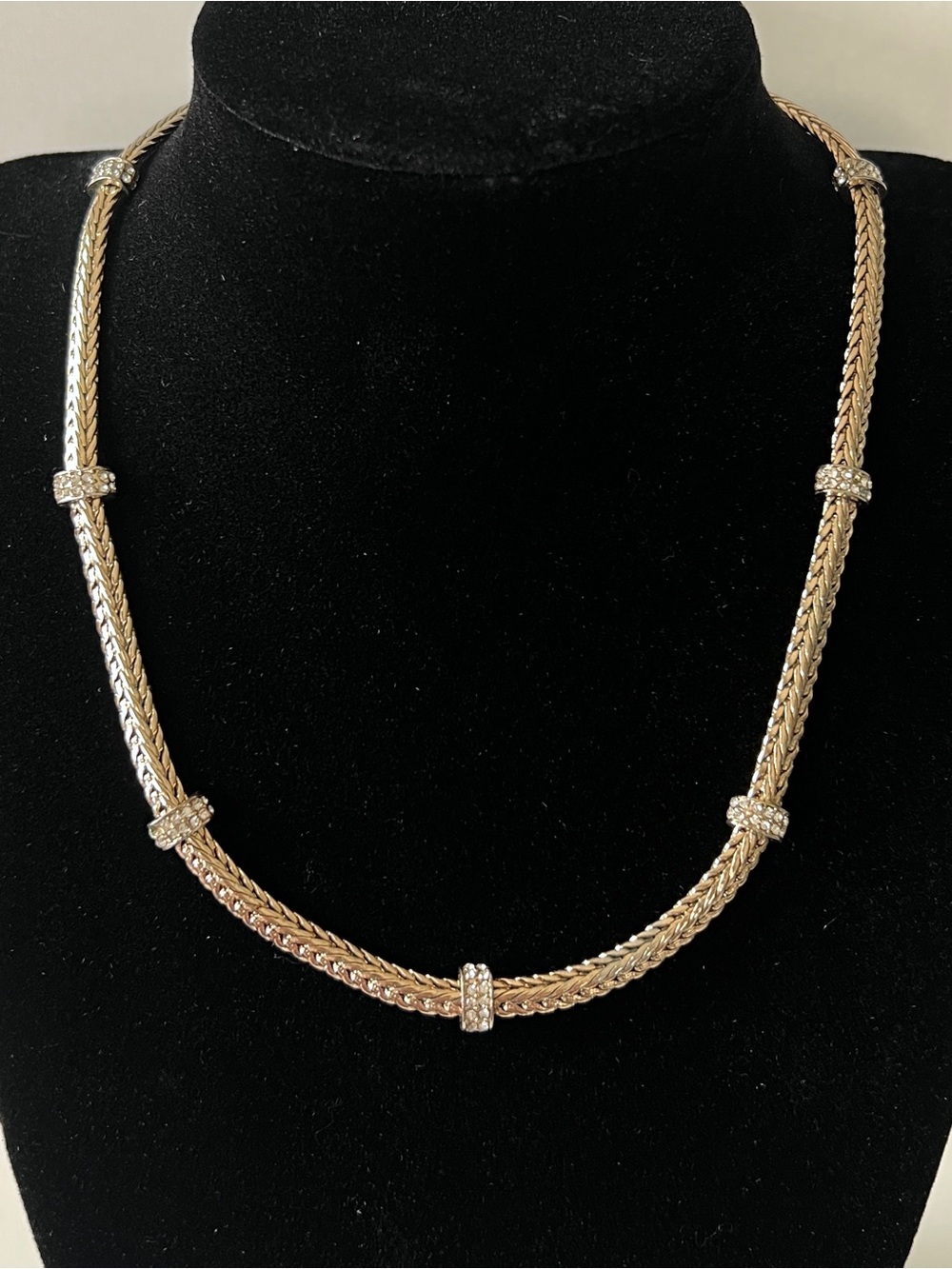 Signed Ralph Lauren Mesh Gold Tone Chain Necklace Crystal Pavé Roundel Spacers